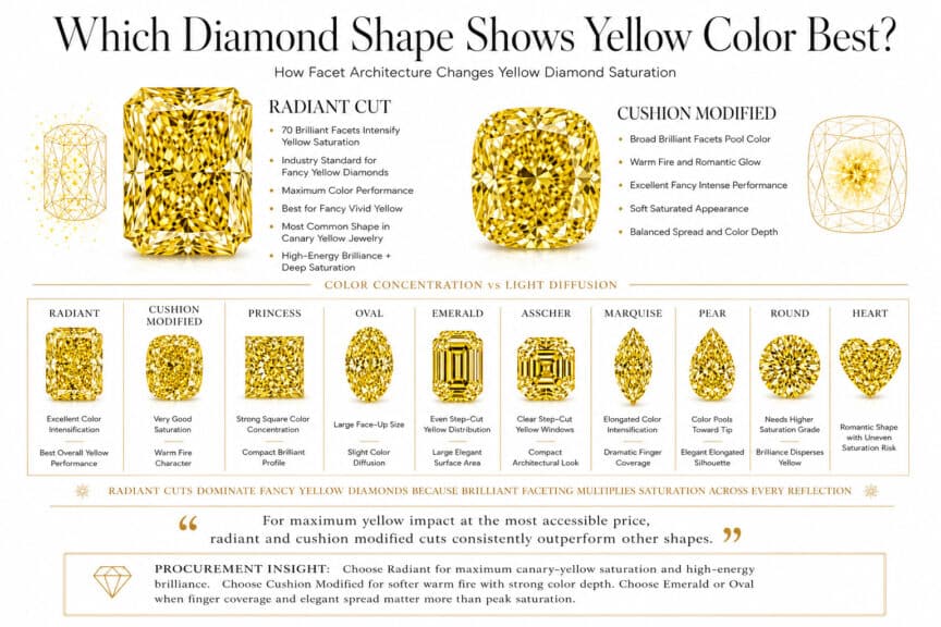 Luxury infographic comparing which diamond shapes show yellow color best, featuring radiant, cushion, emerald, oval, and asscher fancy yellow diamonds with color saturation and brilliance analysis.