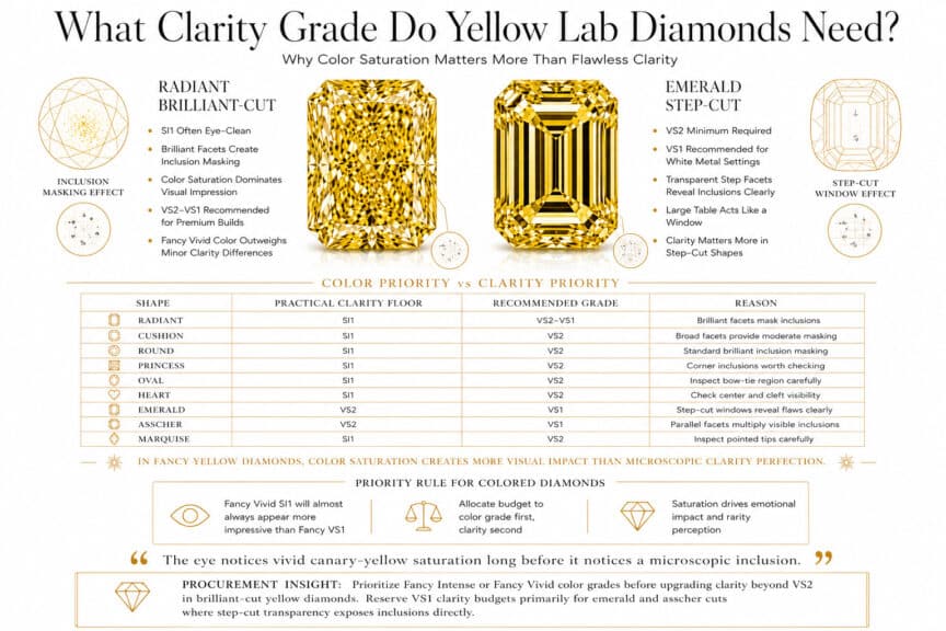 Luxury infographic explaining ideal clarity grades for lab-created Fancy Yellow diamonds, comparing SI1, VS2, and VS1 performance across radiant, cushion, emerald, and asscher cuts.