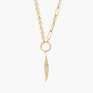 18" Mixed Link Chain with Leaf Charm in 14k Yellow Gold - Natural Diamond Accent Necklace