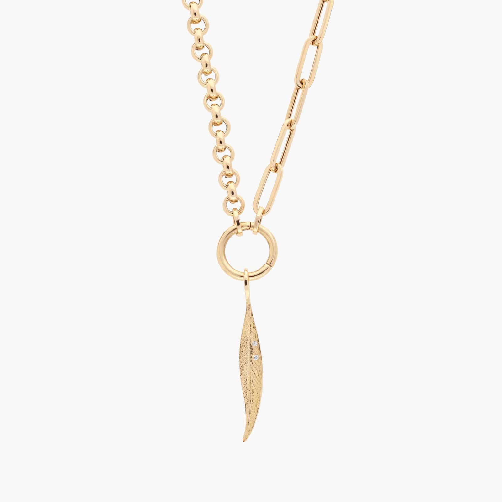 18" Mixed Link Chain with Leaf Charm in 14k Yellow Gold - Natural Diamond Accent Necklace