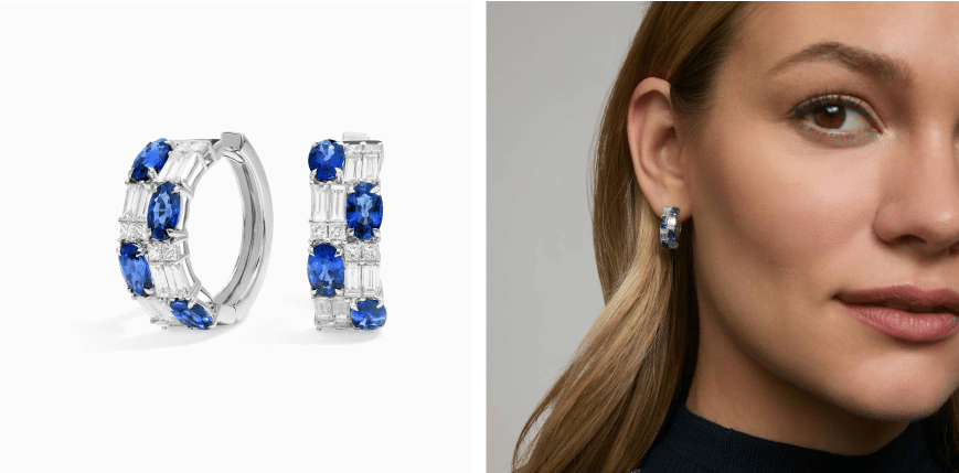 Baguette Cut Blue Sapphire And Diamond Cluster Hoop Earrings In 14K White Gold