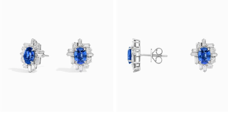 Baguette Cut Blue Sapphire And Diamond Cluster Stud Earrings In 14K White Gold
