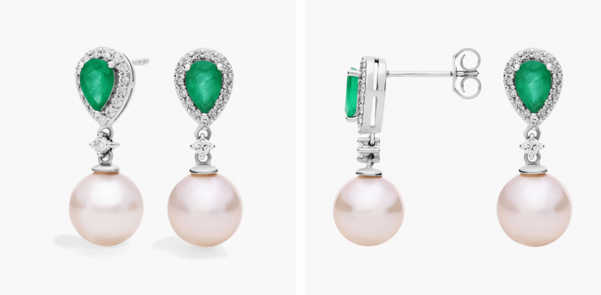 Classic Akoya Cultured Pearl Drop Earrings with Emerald and Diamond Detail in 14k White Gold