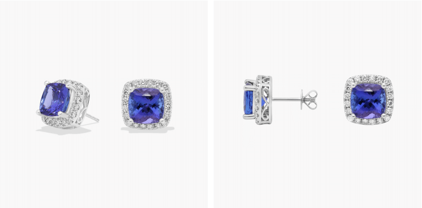 Cushion Cut Tanzanite Diamond Halo Stud Earrings in 14k White Gold (8mm)