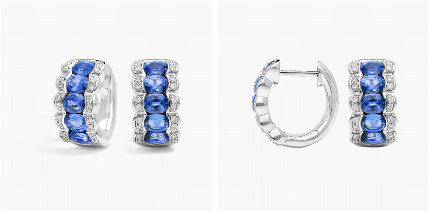East-West Oval Cut Blue Sapphire and Pavé Diamond Hoop Earrings In 14K White Gold