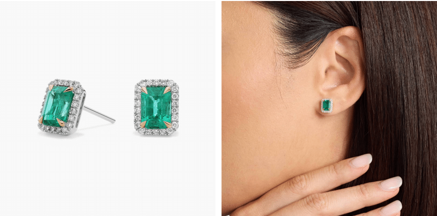 Emerald-Cut Emerald Stud Earrings with Diamond Halo in 14k White Gold with Yellow Gold Prongs (7x5mm)