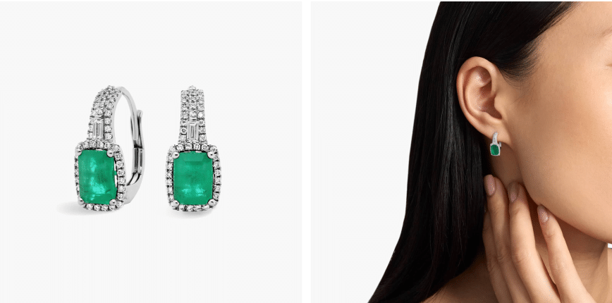Emerald Drop Earrings in 14k White Gold