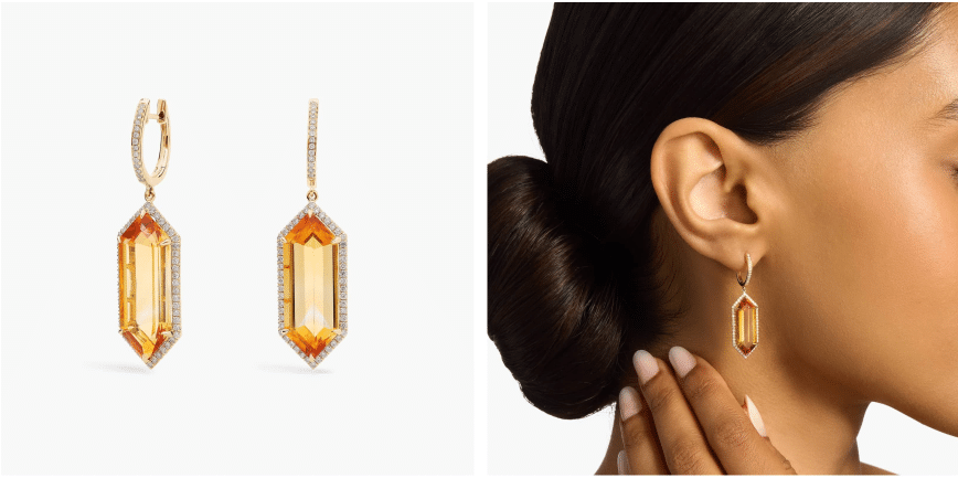 Hexagon Citrine and Diamond Drop Earrings in 14k Yellow Gold