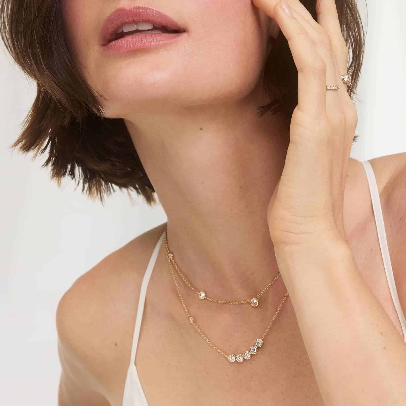 Lab-Grown Diamond Station Necklace With Bezel Settings In 14K Yellow Gold model view
