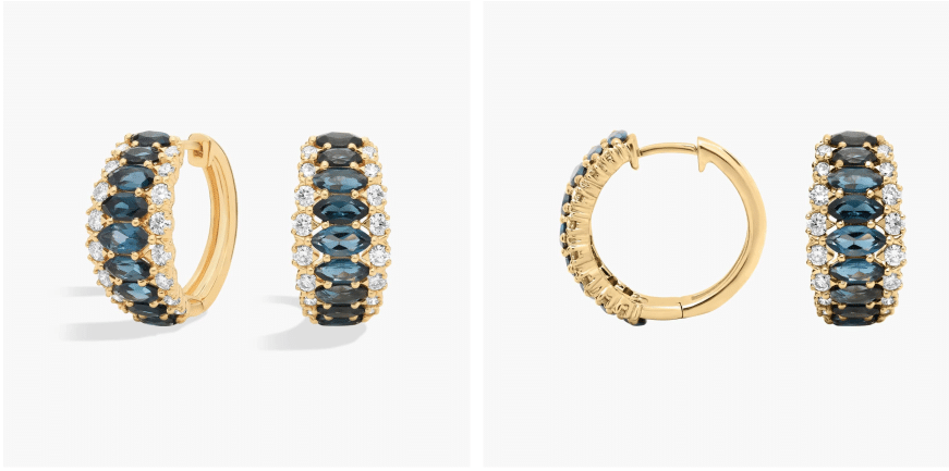 Marquise Cut London Blue Topaz and Diamond Hoops in 14k Yellow Gold