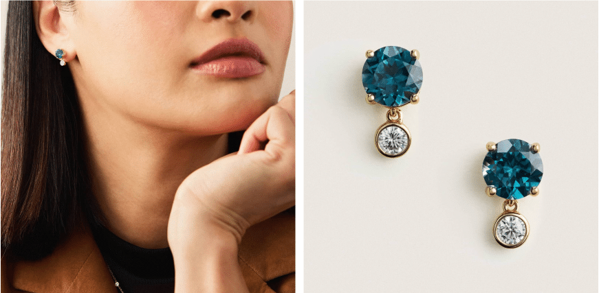 Montana Sapphire & Round Diamond Bezel & Prong Earrings in 14K Yellow Gold