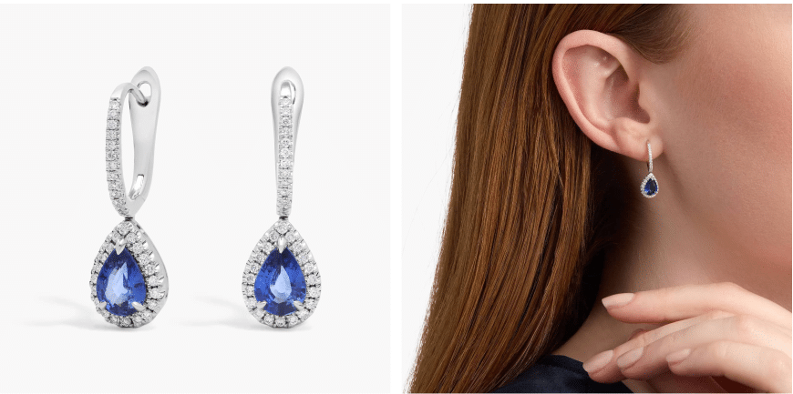 Pear Sapphire and Diamond Pavé Drop Earrings in 18k White Gold (7x5mm)
