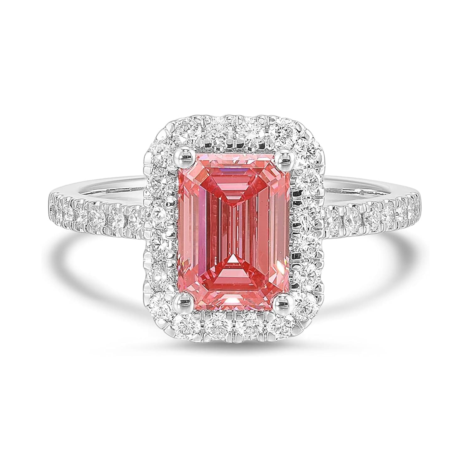 Experience breathtaking brilliance with this 2.50 CTW pink diamond emerald cut engagement rings style statement piece, featuring IGI certified lab-grown diamonds set in luminous 14k white gold.