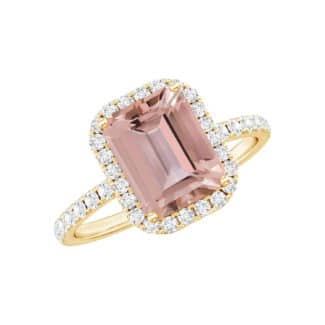 Experience timeless romance with this stunning emerald cut morganite engagement ring, featuring a 2.3ct AAA natural morganite centerpiece surrounded by a brilliant 0.42ct diamond halo set in 14K yellow gold.