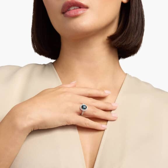 Oval Sapphire and Diamond Double Halo Micropavé Ring in 18k White Gold