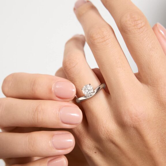 Sculptural Waves Diamond Solitaire Engagement Ring in 14K White Gold with Claw Prong Set Diamond