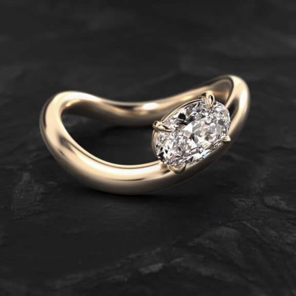 Sculptural Waves Diamond Solitaire Engagement Ring in 14K Yellow Gold with Claw Prong Set Diamond