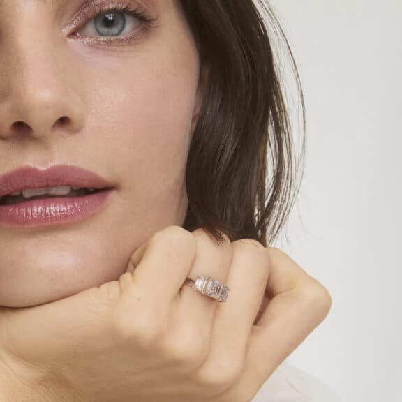 Three-Stone Trapezoid Sidestone Diamond Engagement Ring in 18k Rose Gold (1 ct. tw.)