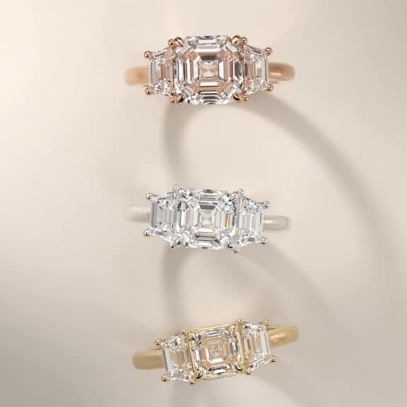 Three-Stone Trapezoid Sidestone Lab-Grown Diamond Engagement Ring in 18k Yellow Gold (1 ct. tw.)