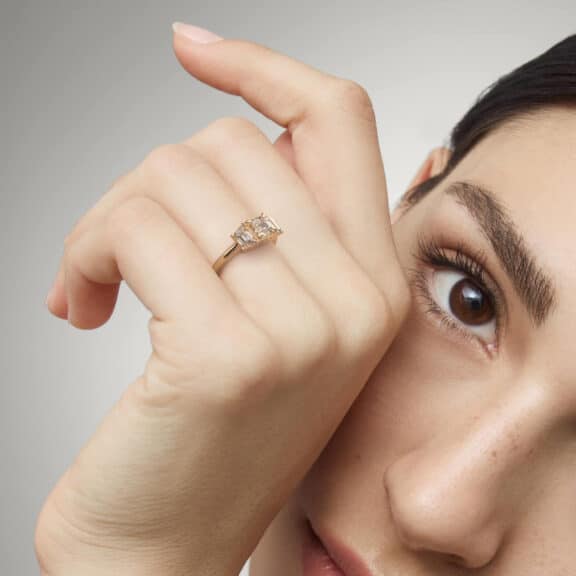 Three-Stone Trapezoid Sidestone Lab-Grown Diamond Engagement Ring in 18k Yellow Gold (1 ct. tw.) model view