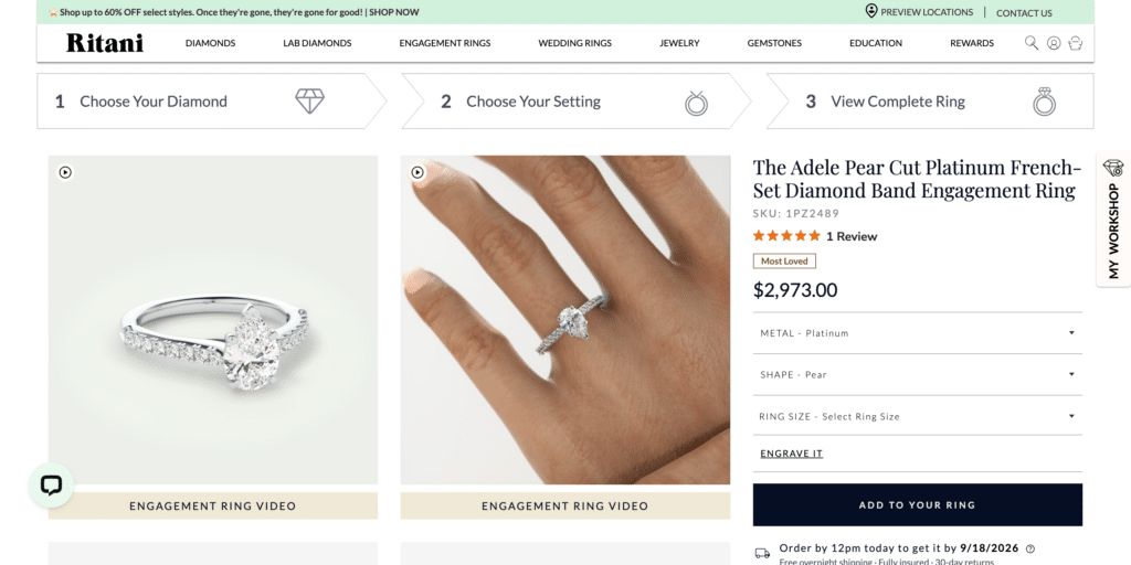 The Adele Pear Cut Platinum French-Set Diamond Band Engagement Ring