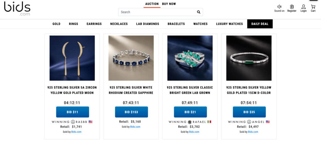 Bids.com is your exclusive online auction marketplace of jewelry such as rings, earrings, bracelets, necklaces, and watches. In addition, clothing & shoes, bags & purses, sunglasses & accessories, art & collectibles. All the products at over 80% off of retail prices.